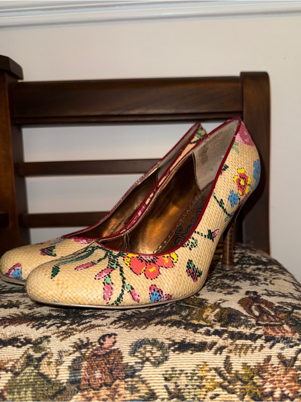 Naughty Monkey Floral Heels Pumps Straw Woven Multicolor Round Toe Size 8.5 - Picture 3 of 12